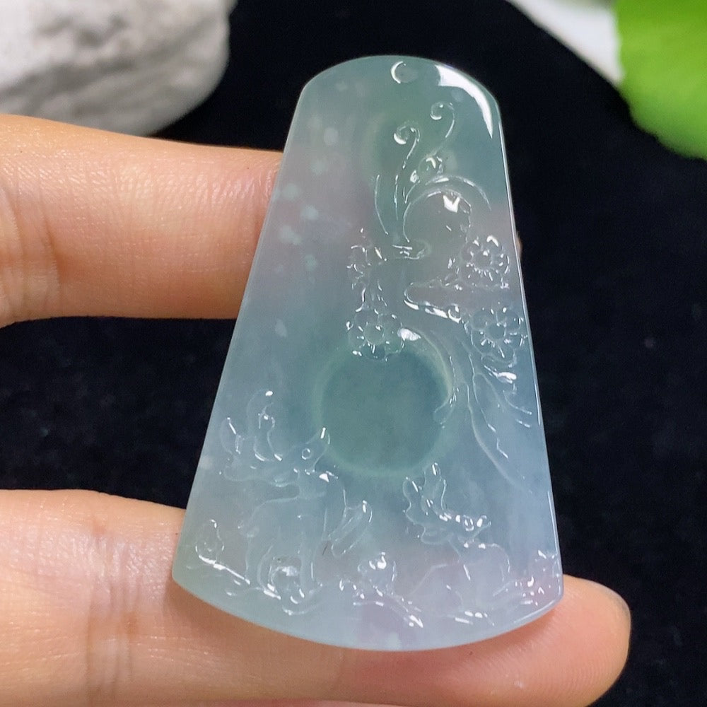 Jadeite deer pendant with intricate carved details, weighing approximately 14.62g, crafted by HKHQ in smooth green jade.