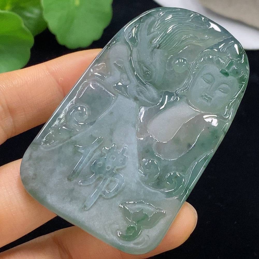 Jadeite Guanyin pendant from HUILIU HQ, detailed carved figure weighing approximately 39.33 grams, showcasing intricate jade craftsmanship.