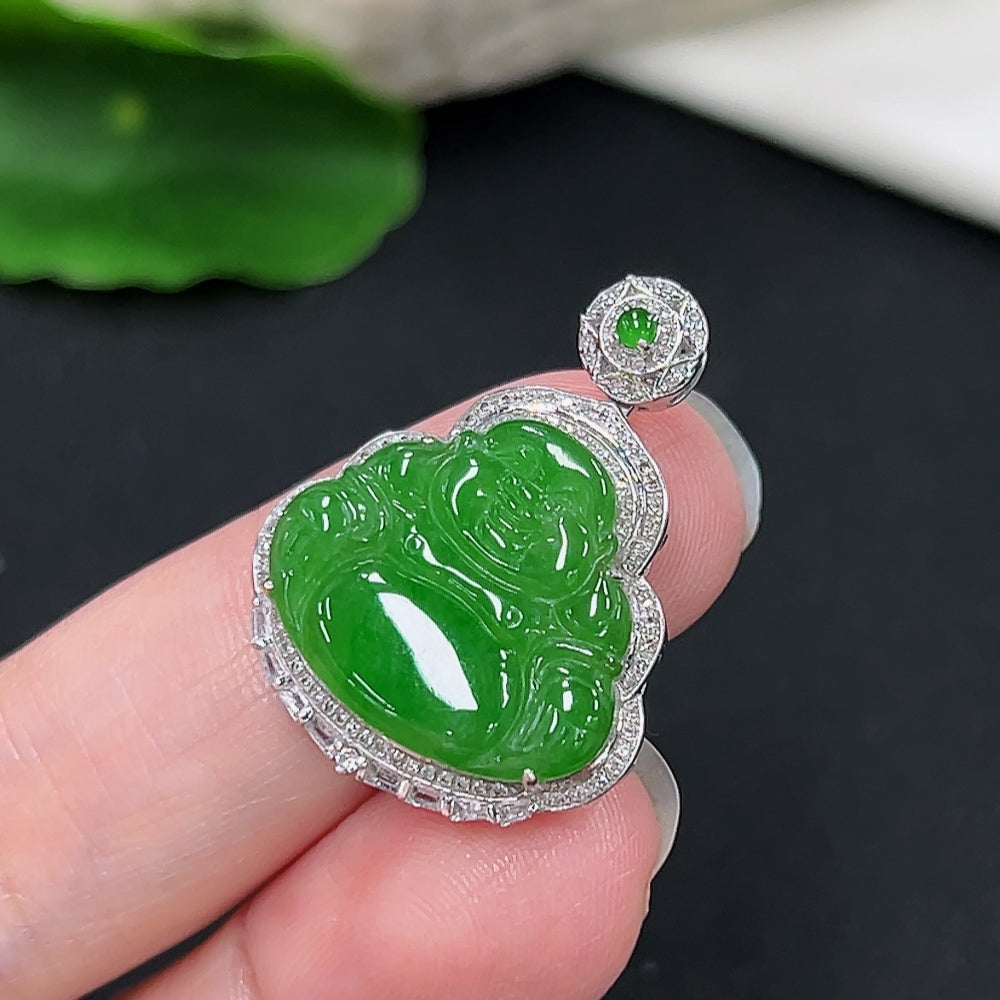 Jadeite Buddha pendant set in 18K gold with diamond accents, featuring a detailed Buddha charm on a delicate gold necklace.