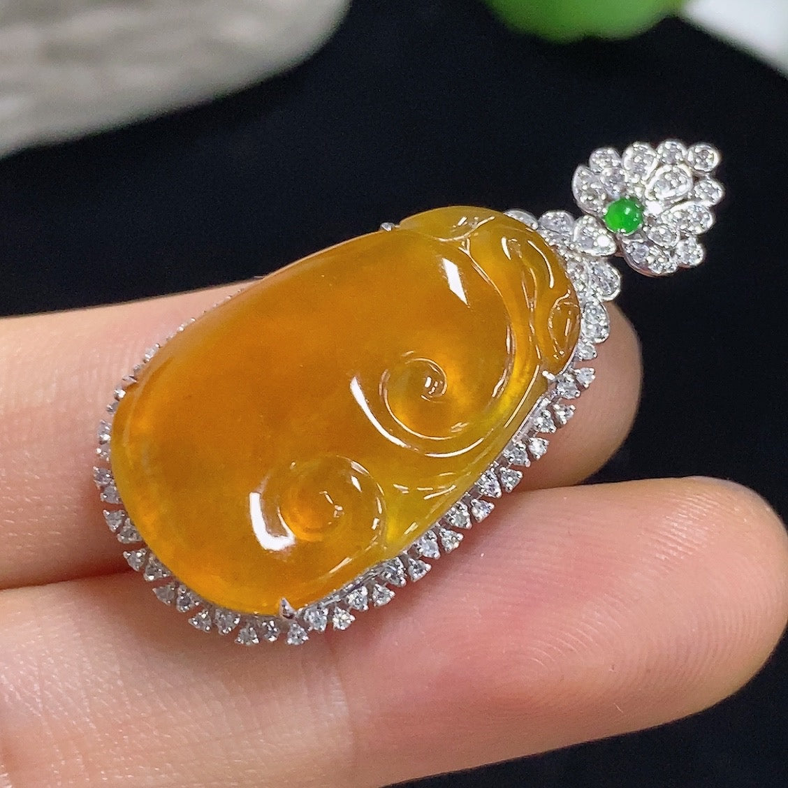 Jadeite Ruyi Inlaid Pendant with 18K Gold and Diamond Accents, Color Origin Undetermined