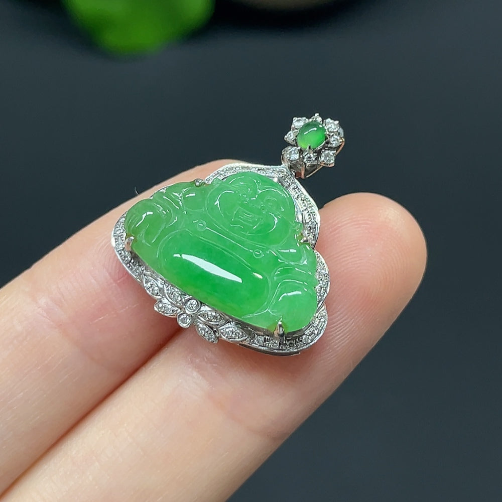 Jadeite Buddha pendant with 18K gold and diamond accents, displayed on a necklace chain.