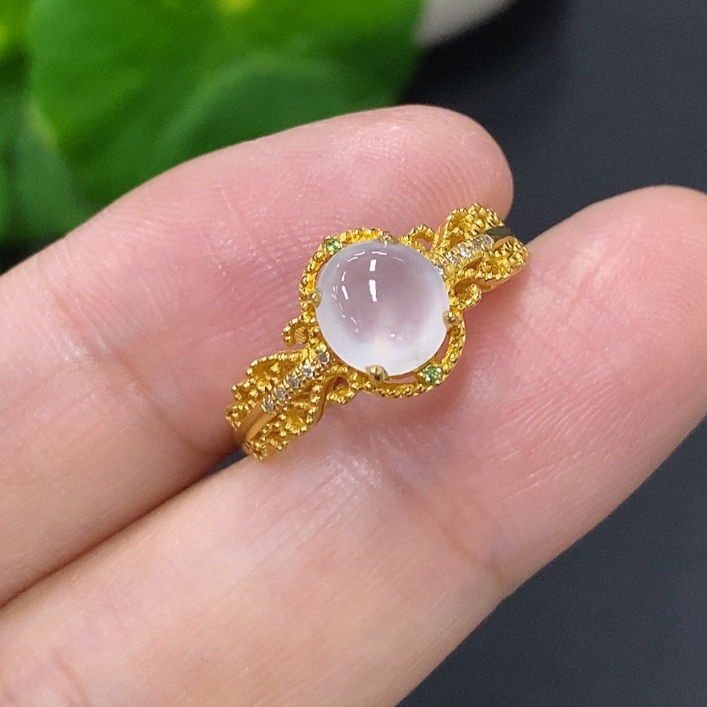 Jadeite Cabochon Ring with 18K Gold Size 13 Total Weight Approx. 1.7g (Accented with Diamonds)