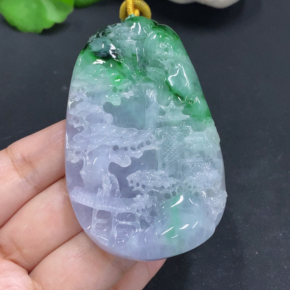 Jadeite Landscape Pendant with Cord Total Weight Approx. 100.5g (Including Other Mineral Components)