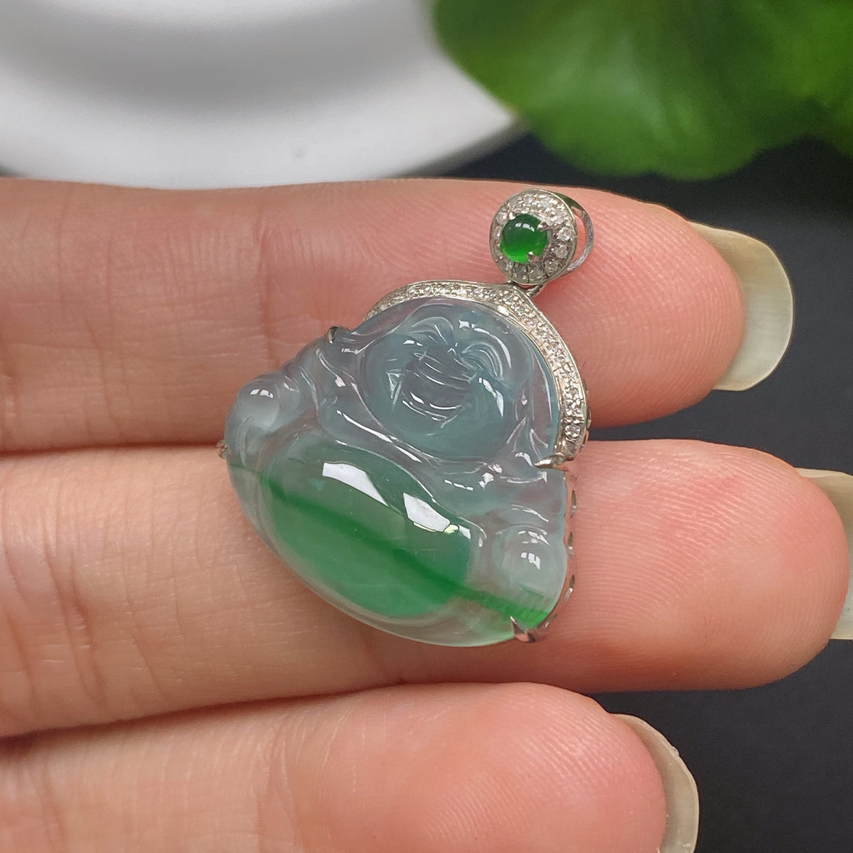 Jadeite Inlaid Pendant Buddha with Diamond Accents 18k Total Weight Approx. 2.85g