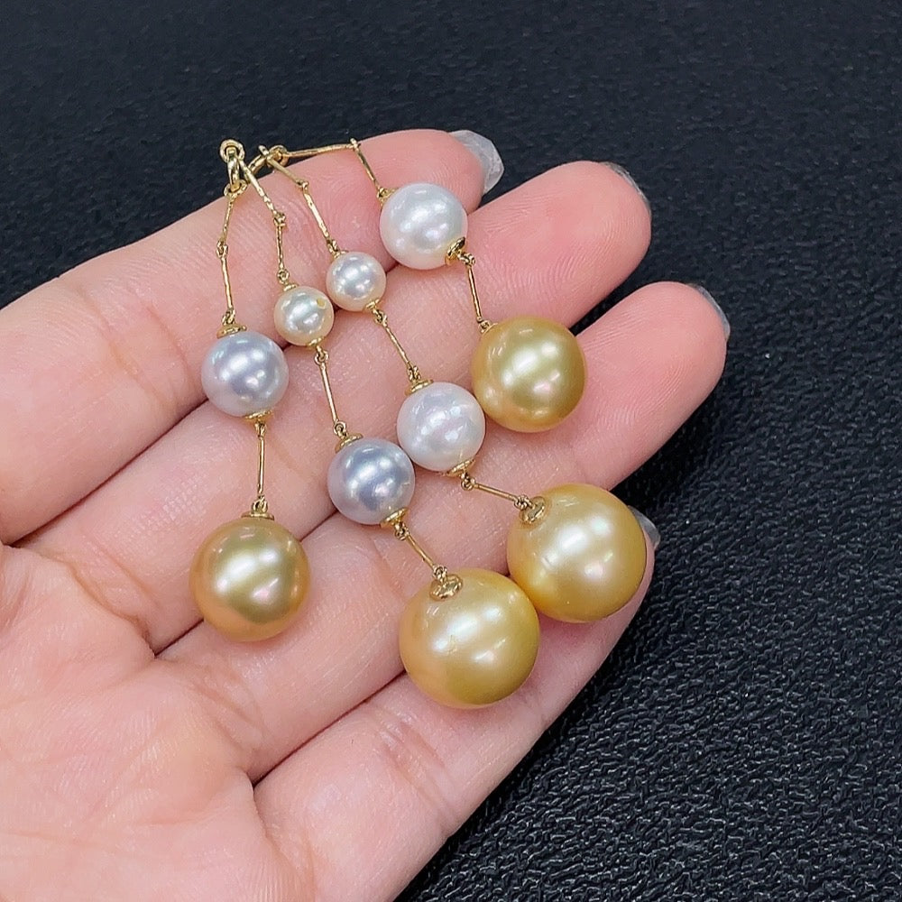 HKHQ 18K gold jewelry with seawater pearl inlay, 5.5-12.5mm size, weighing 14.91g, natural pearl color, no markings