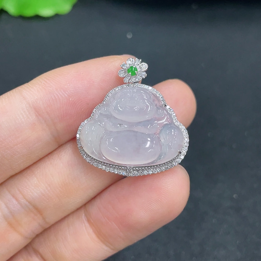 Jadeite Buddha pendant with 18k gold and diamond accents, weighing approximately 3.9g, from HKHQ.