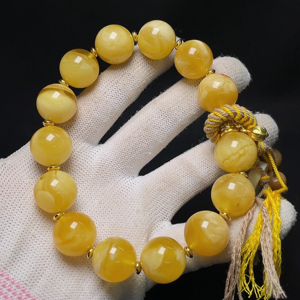 Amber Beeswax Bracelet with Partial Visible Repairs, Non-Natural Accent Stones, Non-Metal, Includes Cord, Total Weight Approx. 51.4g, Size ~16.5mm
