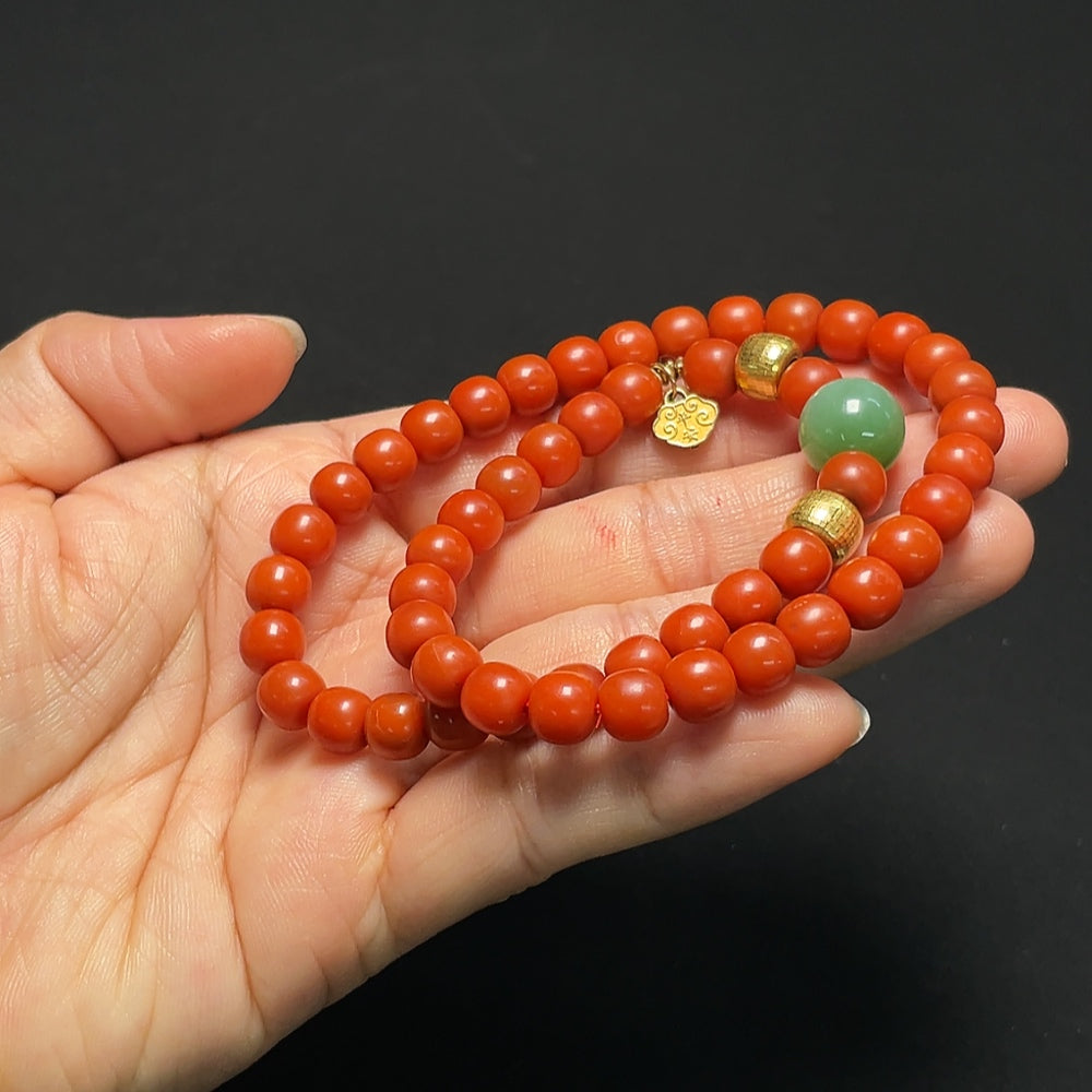 Southern Red Agate and Hetian Jade Bead Strand with 18K Gold
