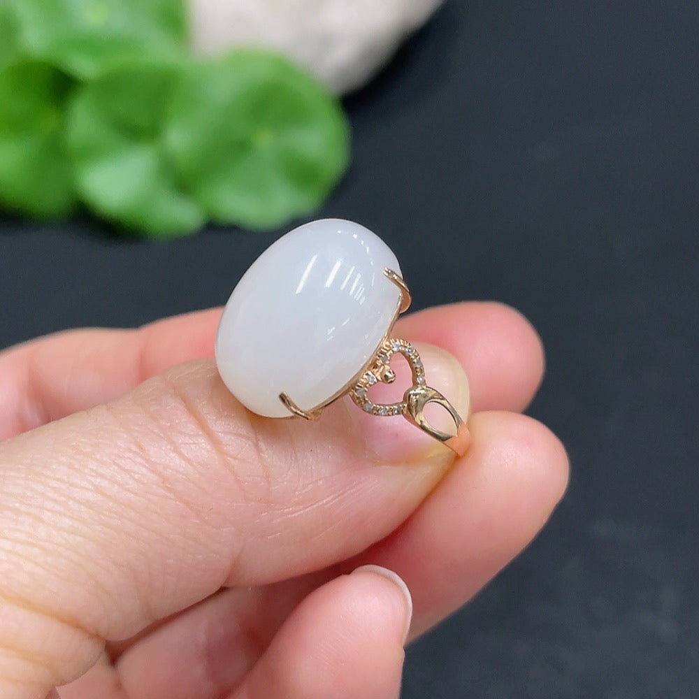 Hetian Jade Inlaid Ring with Diamond Accents, Size 14, 74% Gold Content, Total Weight Approx. 3.3g