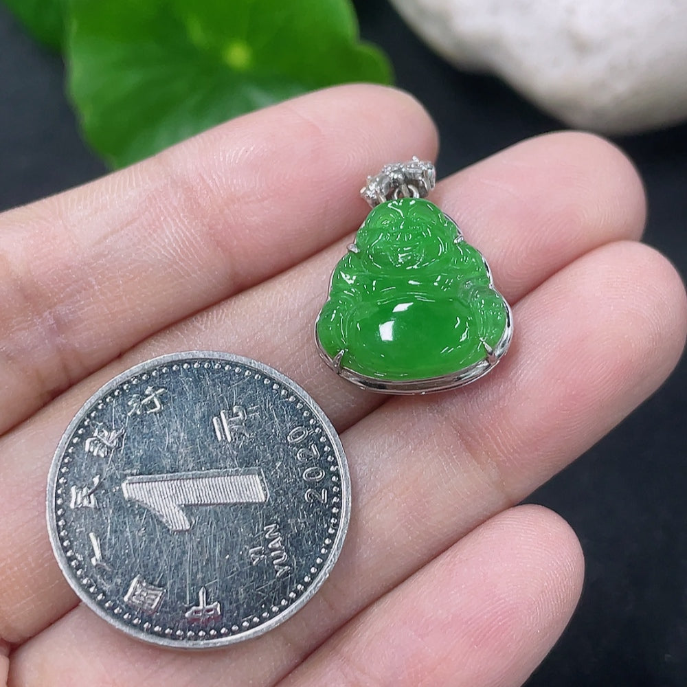 Jadeite Buddha pendant necklace by HKHQ with 18K gold and diamond accents, showcasing a detailed Buddha figure on a delicate chain