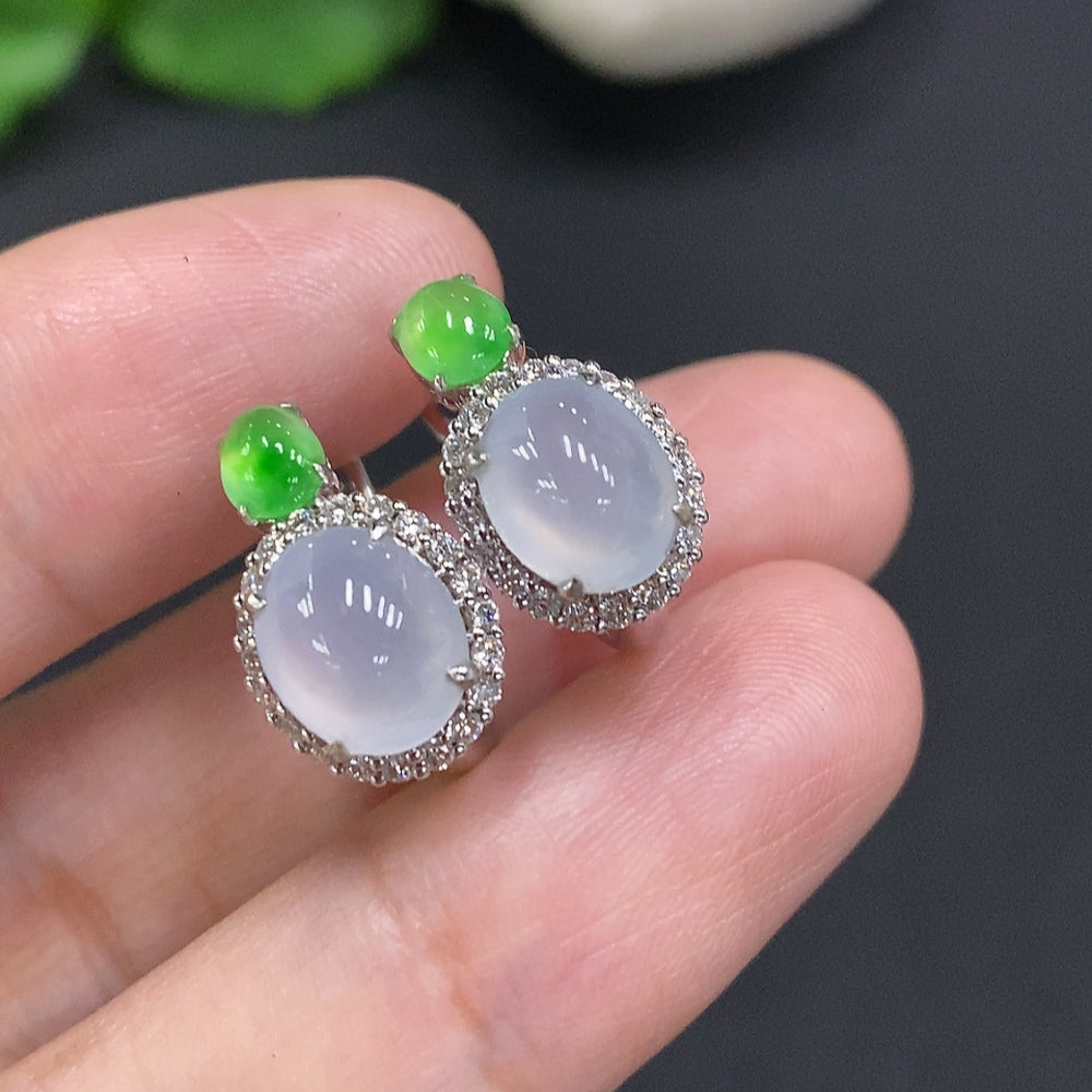 Jadeite Cabochon Earrings with 18k Gold and Diamond Accents, Total Weight Approximately 5.4g