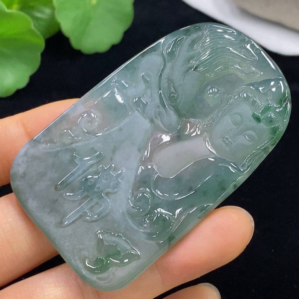 Jadeite Guanyin pendant from HUILIU HQ, showcasing a detailed carved figure on smooth green jade, weight approximately 39.33g.