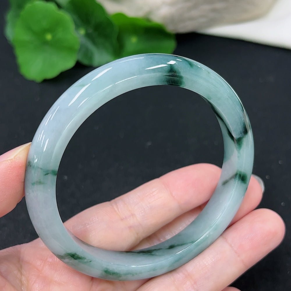 HKHQ jadeite round bangle, size 59.5, weighing 47.4g, featuring smooth, polished jadeite surface and elegant circular design.