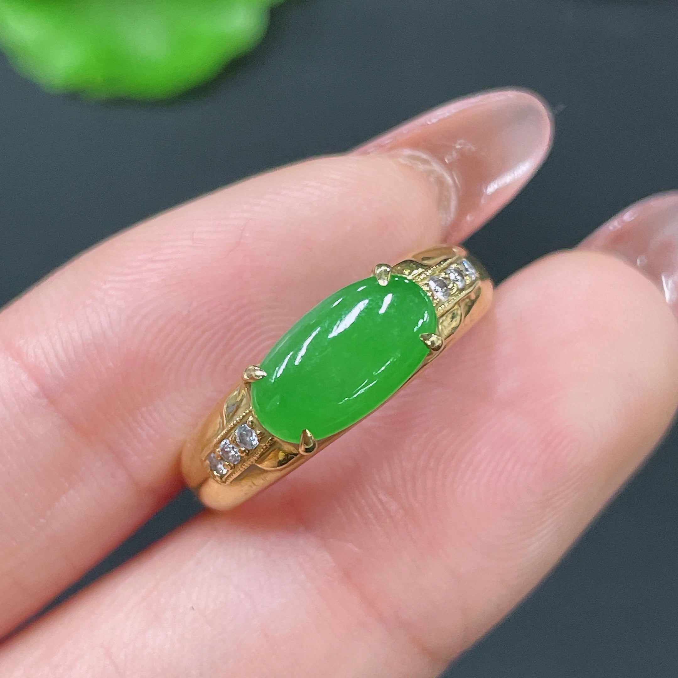 Jadeite Ring 18k Gold Set with Diamond, Total Weight Approx. 3.63g, Size 12