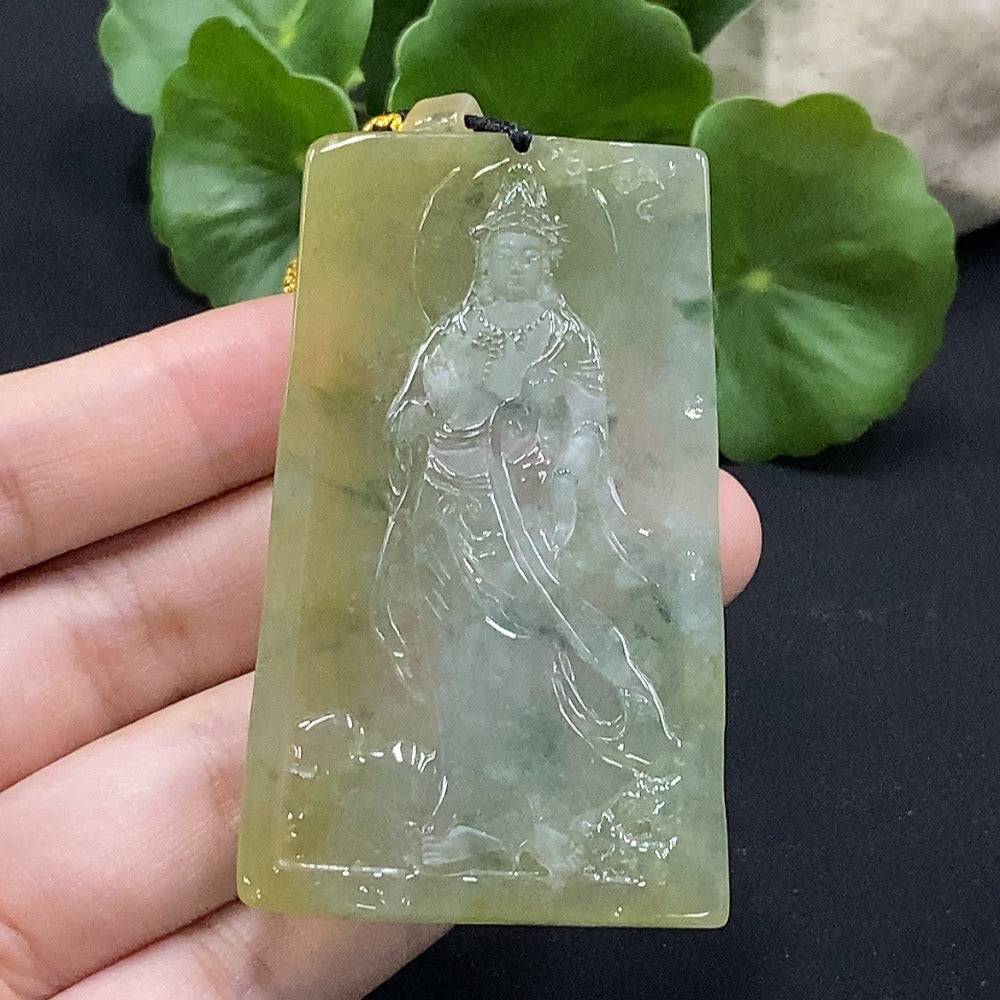 Jadeite Guanyin pendant from HUILIU HQ, detailed carved figure in green jade, weighs approximately 38 grams.