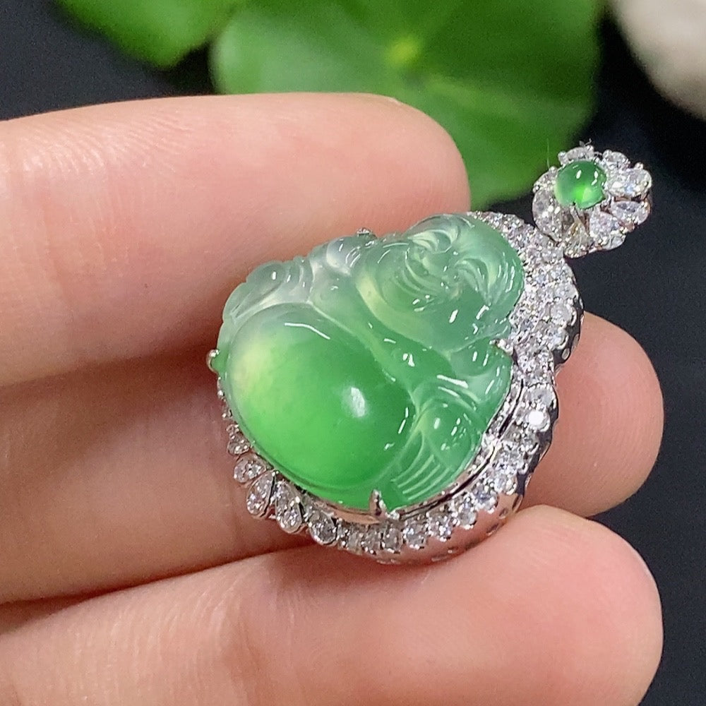 Jadeite Buddha pendant necklace in 18K gold with diamond accents, featuring a detailed Buddha figure on a gold chain.