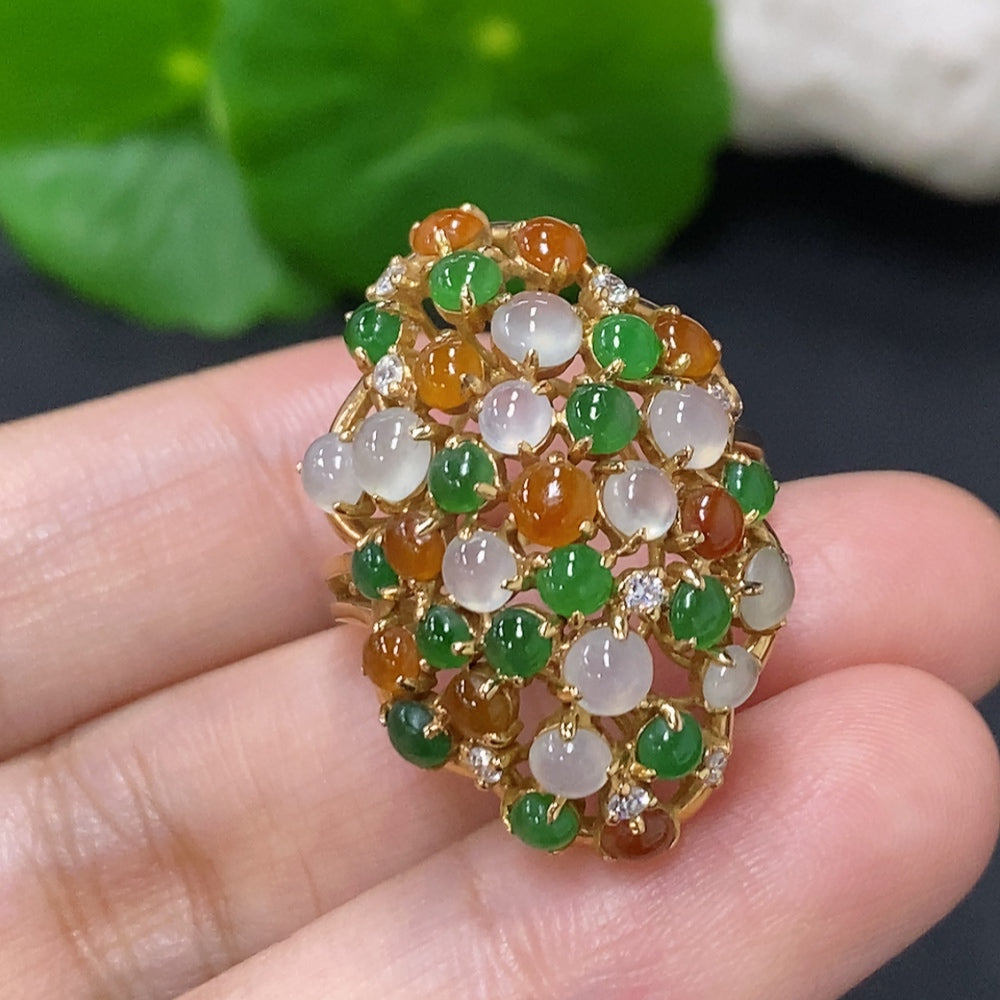 HKHQ jadeite cabochon ring with diamond inlays, 18K gold, size 17, showcasing a luxurious, detailed jewelry design.