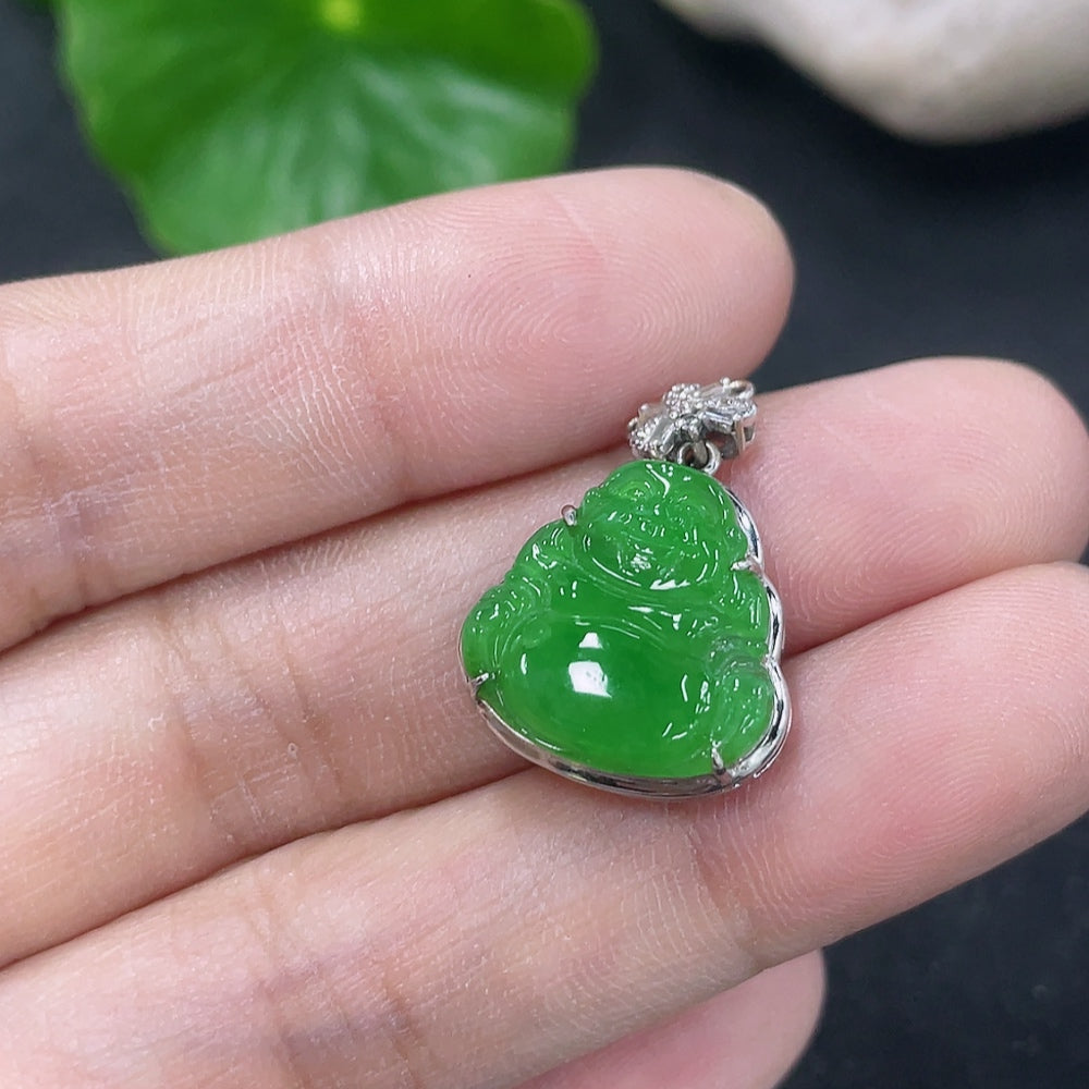 Jadeite Buddha pendant necklace with 18K gold and diamond accents, showcasing intricate craftsmanship and elegant design.