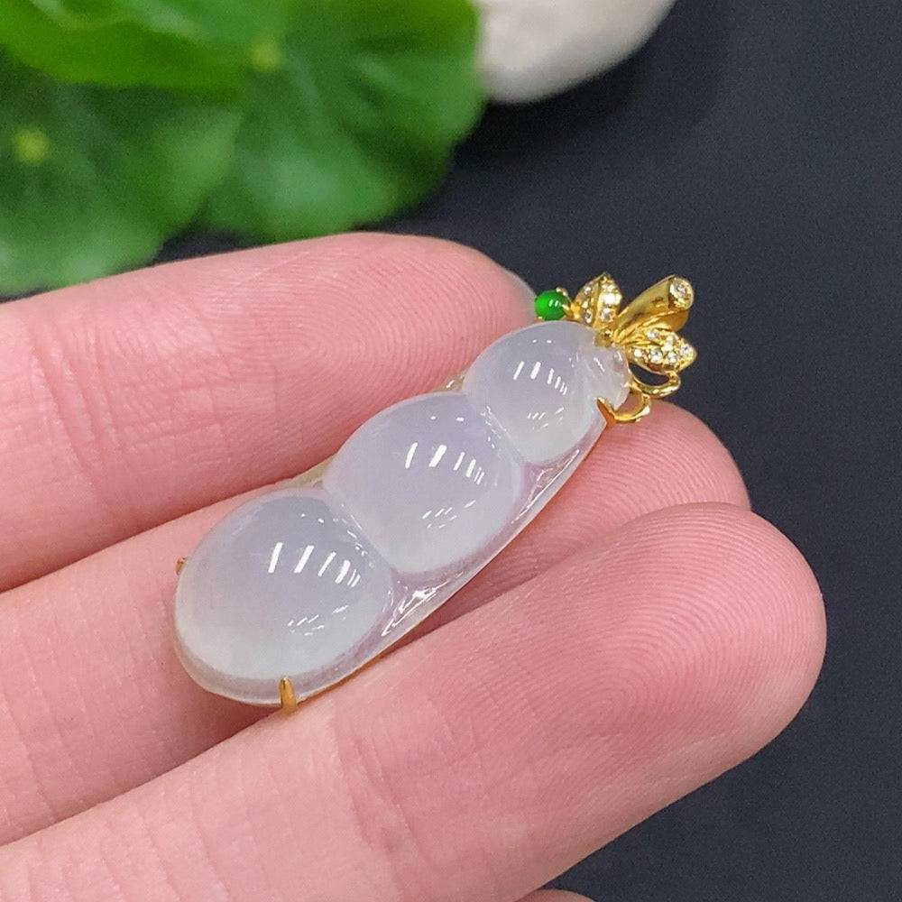 Huiliu Jadeite Lucky Bean Pendant with diamond accents, crafted from green jadeite, featuring a polished, detailed design.