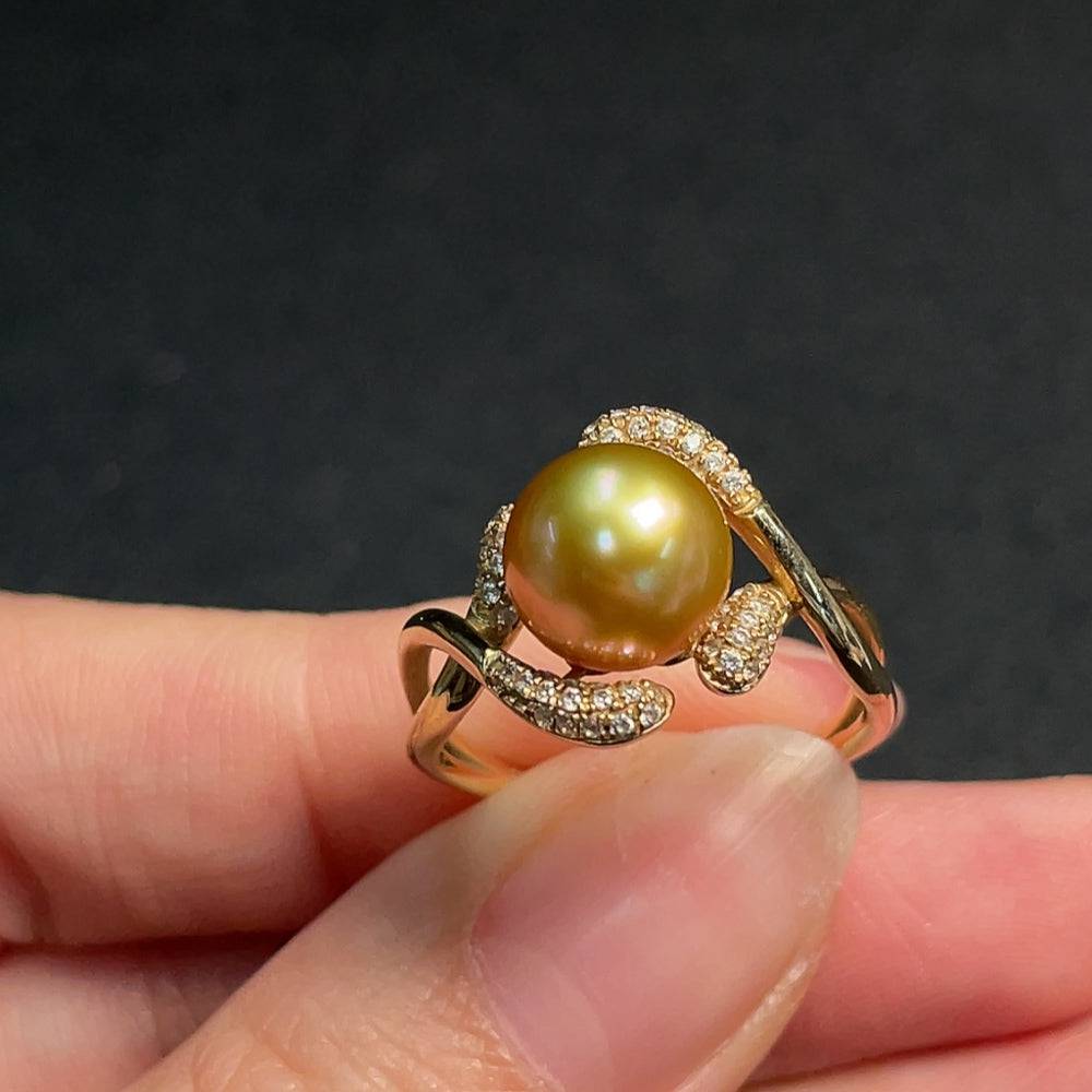 HUILIU HQ seawater pearl ring with 8.9mm pearl in gold setting, size 17, weighs 3.87g, featuring a natural-colored pearl.