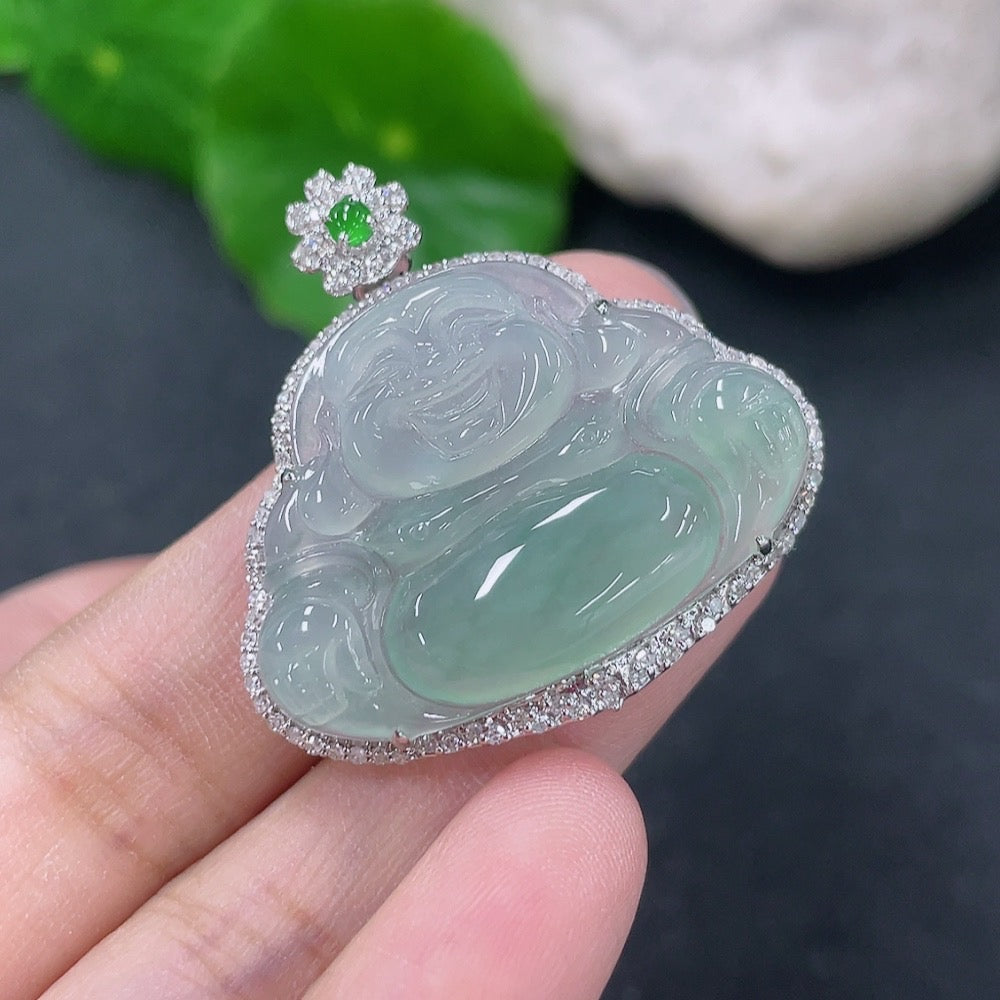 Jadeite Buddha pendant with 18K gold and diamond accents, featuring intricate inlay work and a polished jade finish.