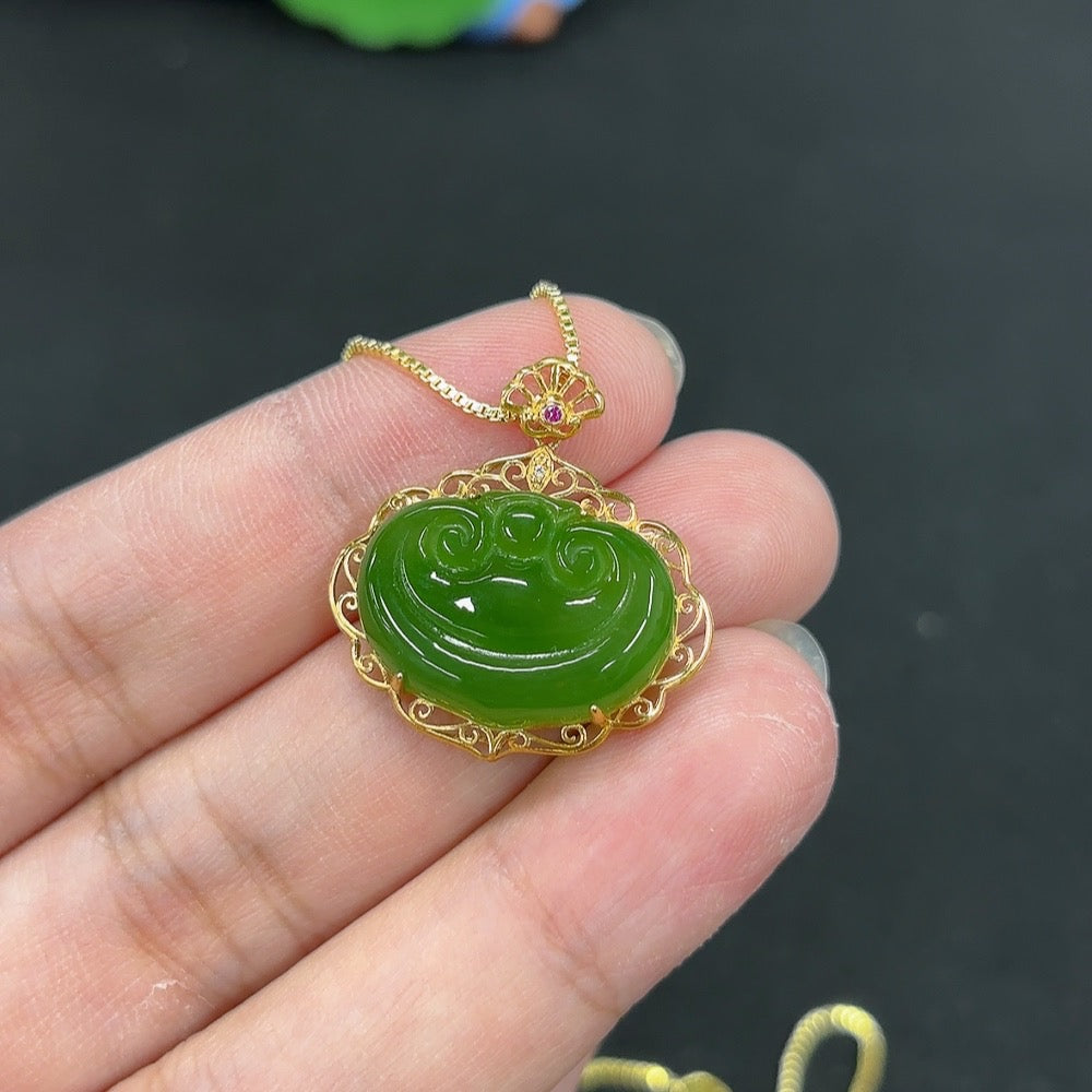 Hetian Jade Jasper inlaid Ruyi pendant necklace by HKHQ featuring intricate jade and jasper craftsmanship.