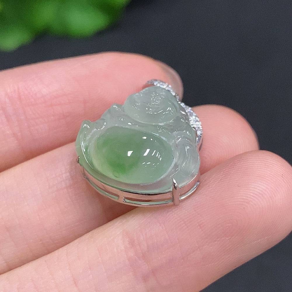 Jadeite Buddha pendant by HUILIU HQ with 18K gold accents and diamond details, featuring a carved jade Buddha figure.