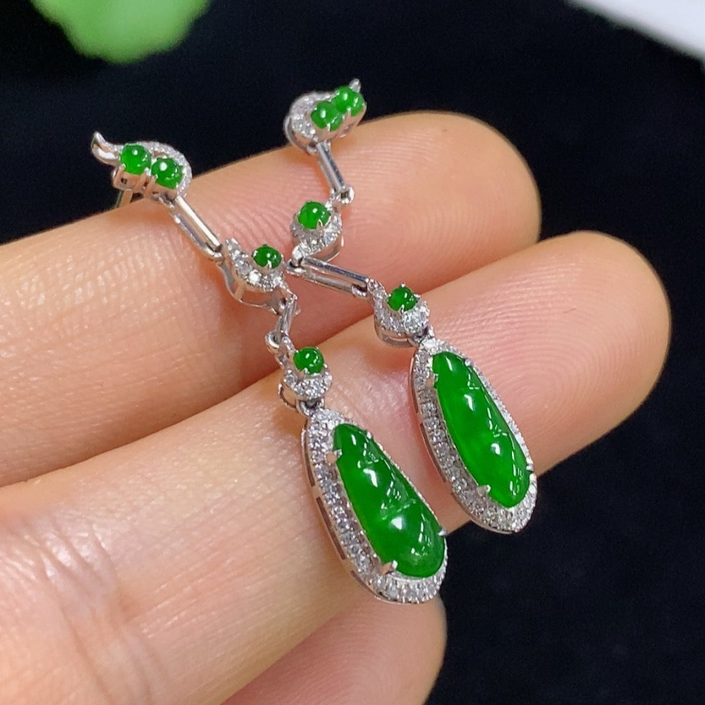 Jadeite Auspicious Bean Inlaid Earrings 18k with Diamond Accents Total Weight Approx. 2g