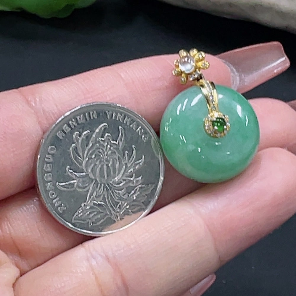 JadeitePeace Button Pendant with 18K Gold and Diamond Accents, Total Weight Approx. 8.99g