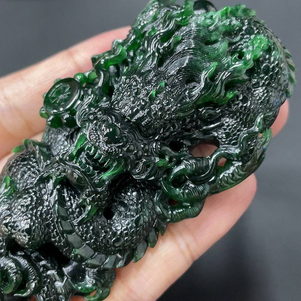 Huiliu Jadeite Dragon Pendant featuring intricate carved design, vibrant green jade, and certified craftsmanship.