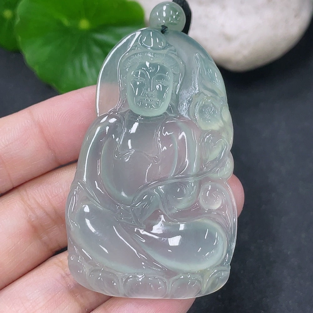 Jadeite Guanyin pendant on necklace with rope, weighing 20.86g, featuring intricate carved details and vibrant green color.