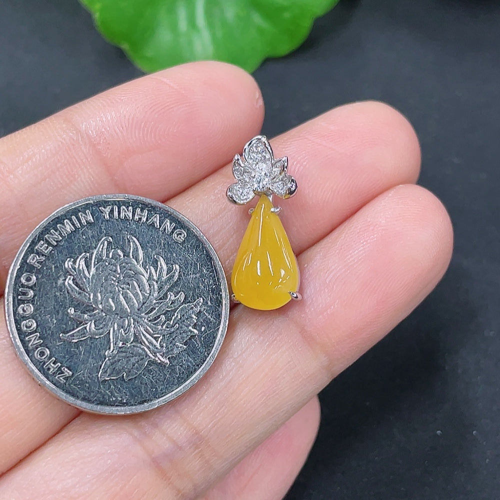Jadeite Water Drop Pendant, 18K Gold Setting with Diamond Accents, Color Origin Undetermined, Overall Size