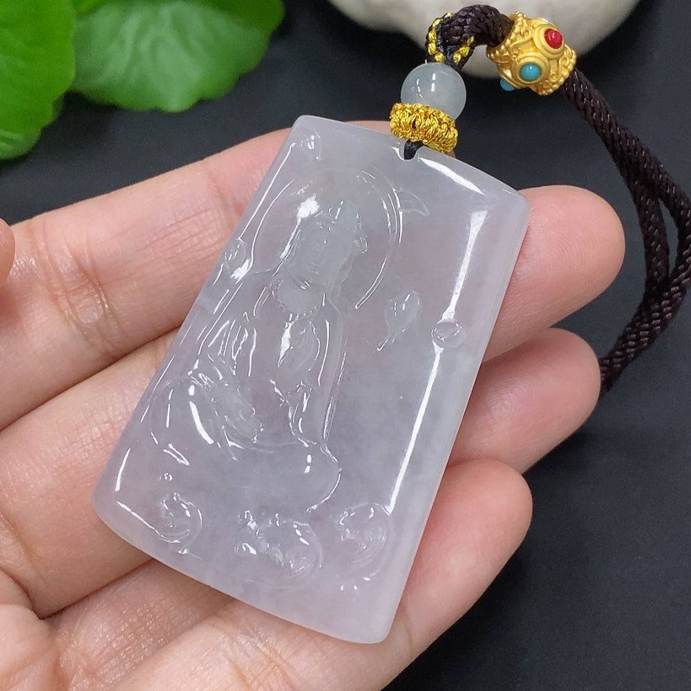 Jadeite Guanyin pendant from HUILIU HQ, featuring a detailed carved figure, weighing about 25.2 grams including the cord.