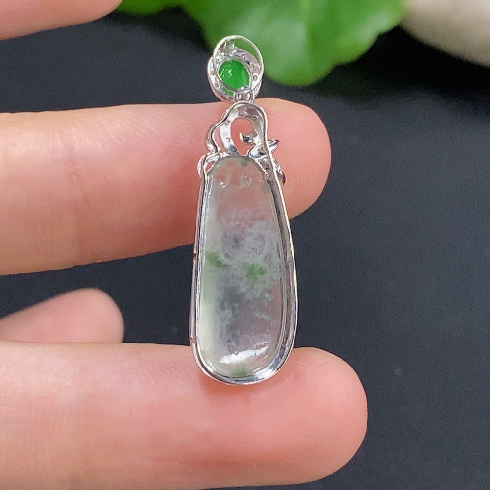 Jadeite auspicious gourd pendant with 18K gold and diamond accents, shown on a necklace chain, weighing approximately 1.57g.