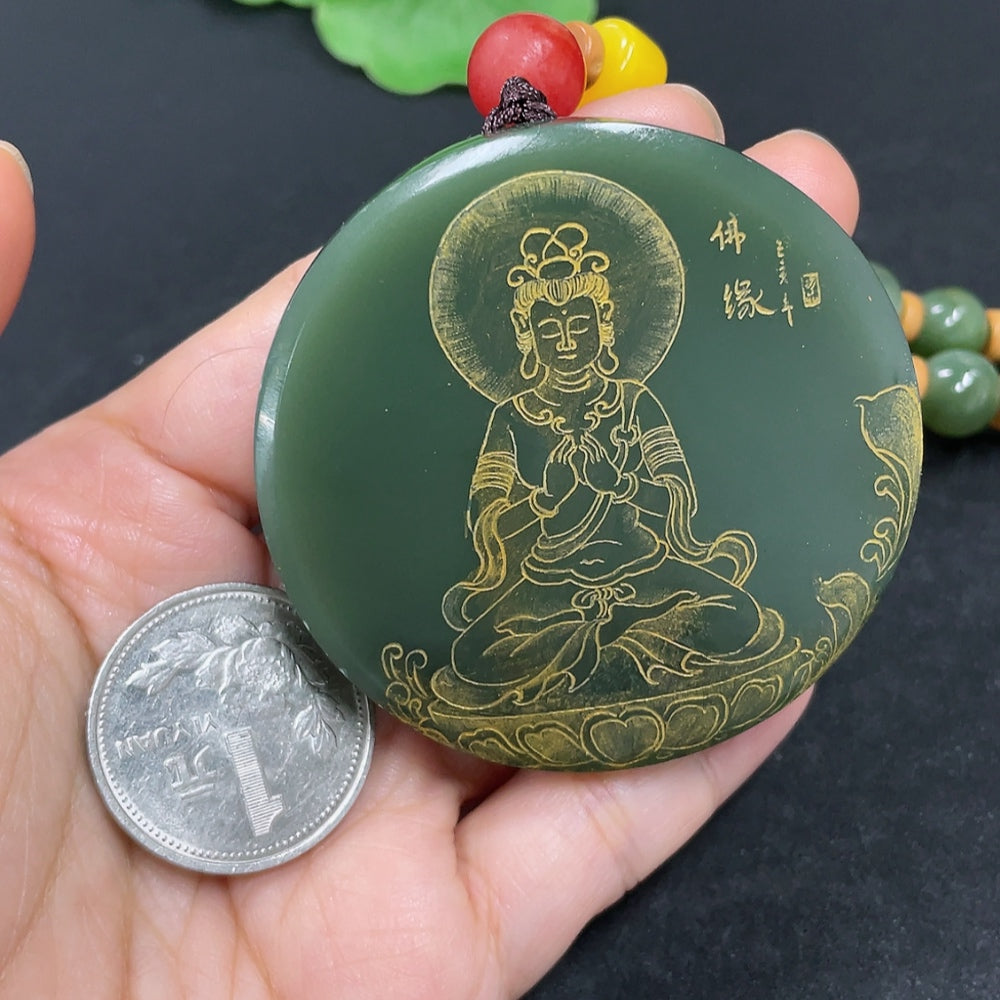 HKHQ Hetian jade pendant featuring Avalokitesvara with matching beads, total weight 157.4g, includes chain, jade jewelry.