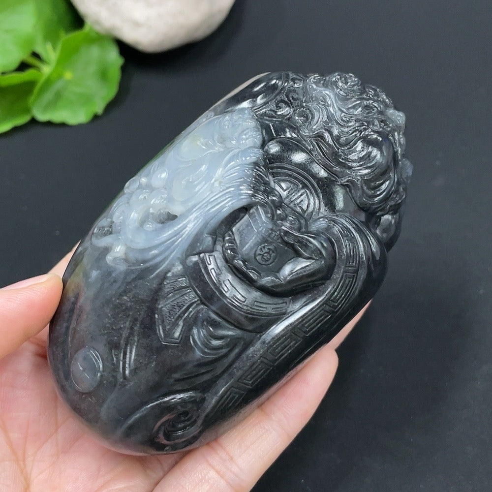 Hetian Jade Black and White Seed Material Handheld Piece - Zhong Kui, Total Weight Approx. 349.4g