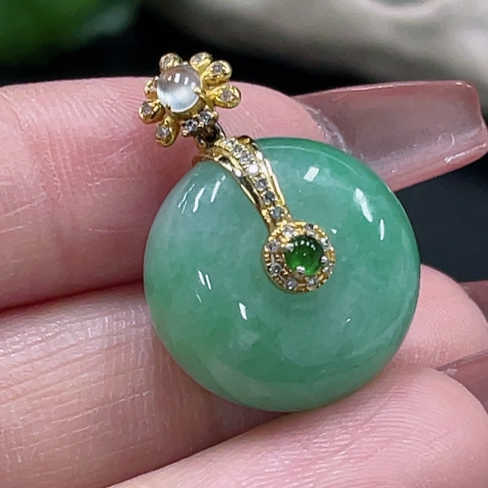 JadeitePeace Button Pendant with 18K Gold and Diamond Accents, Total Weight Approx. 8.99g