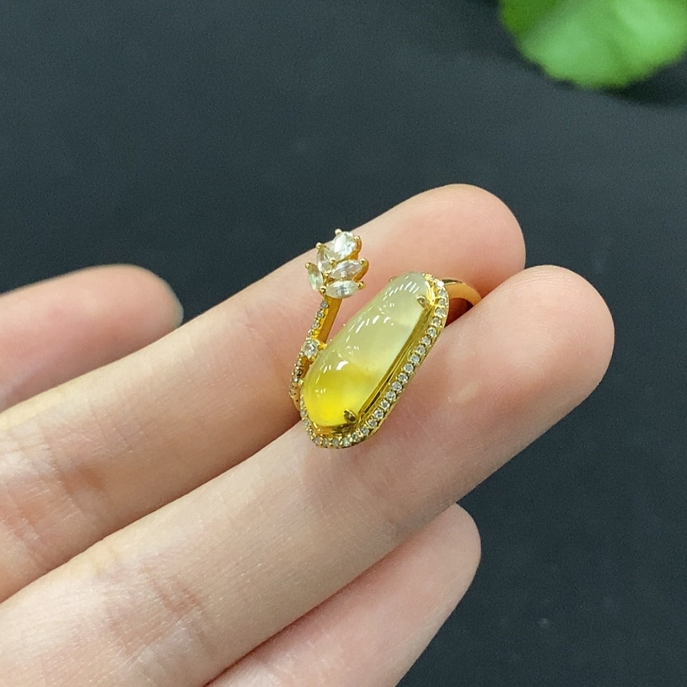 Jadeite Lucky Bean Ring Set in with Diamond Accents (Round Diamonds Only) . | Huiliu Certified