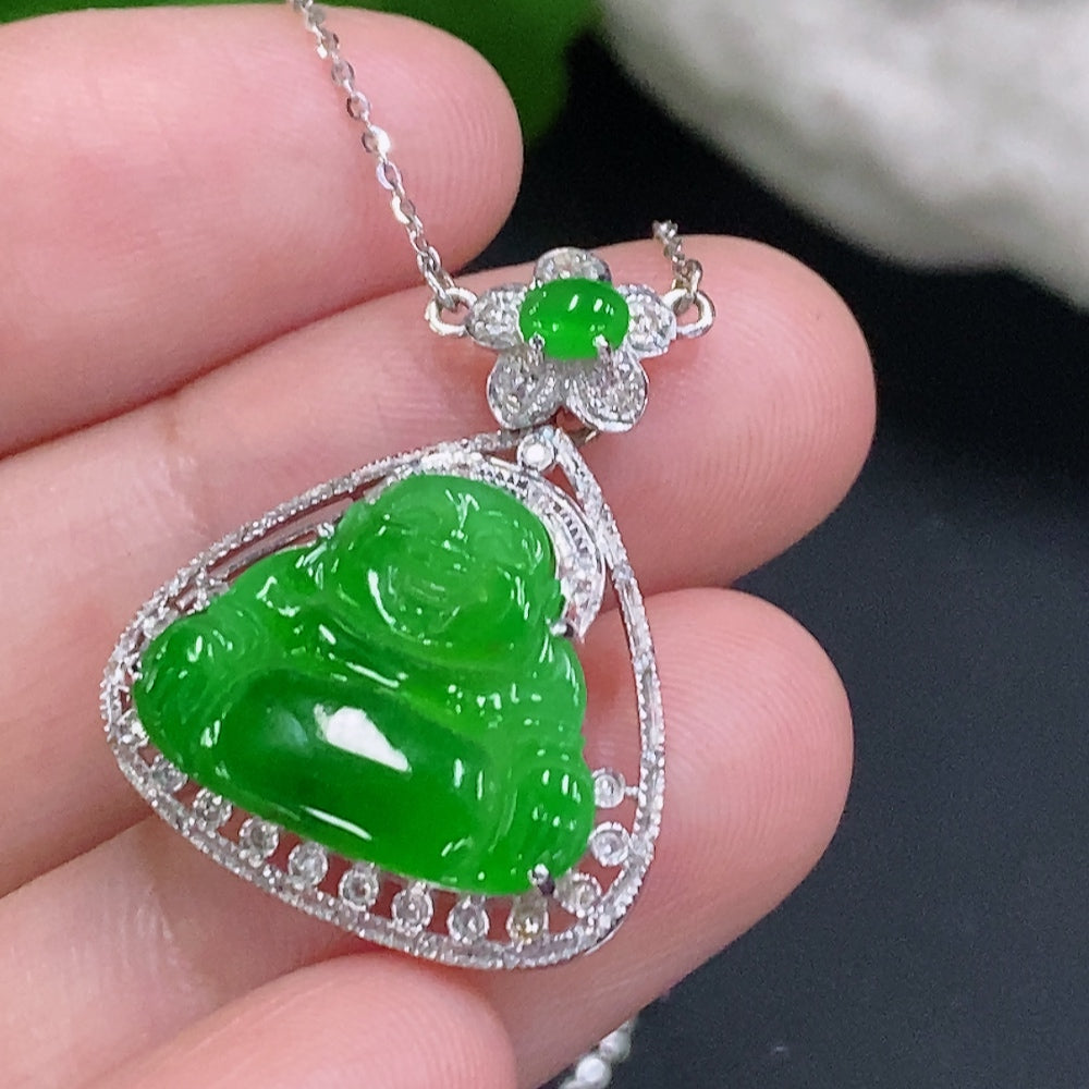 Jadeite Buddha Pendant Set in 18K Gold with Diamond Accents Total Weight Approx. 3.4g (Including Chain)