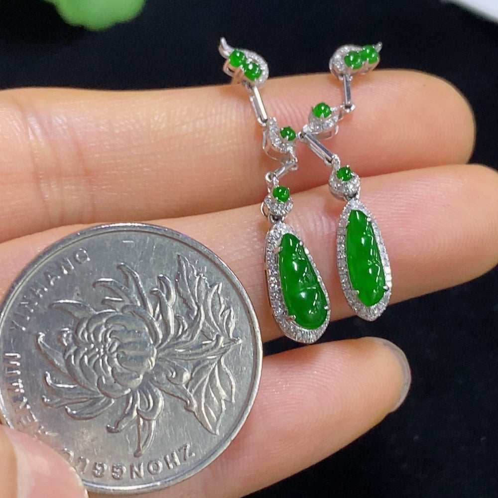 Jadeite Auspicious Bean Inlaid Earrings 18k with Diamond Accents Total Weight Approx. 2g