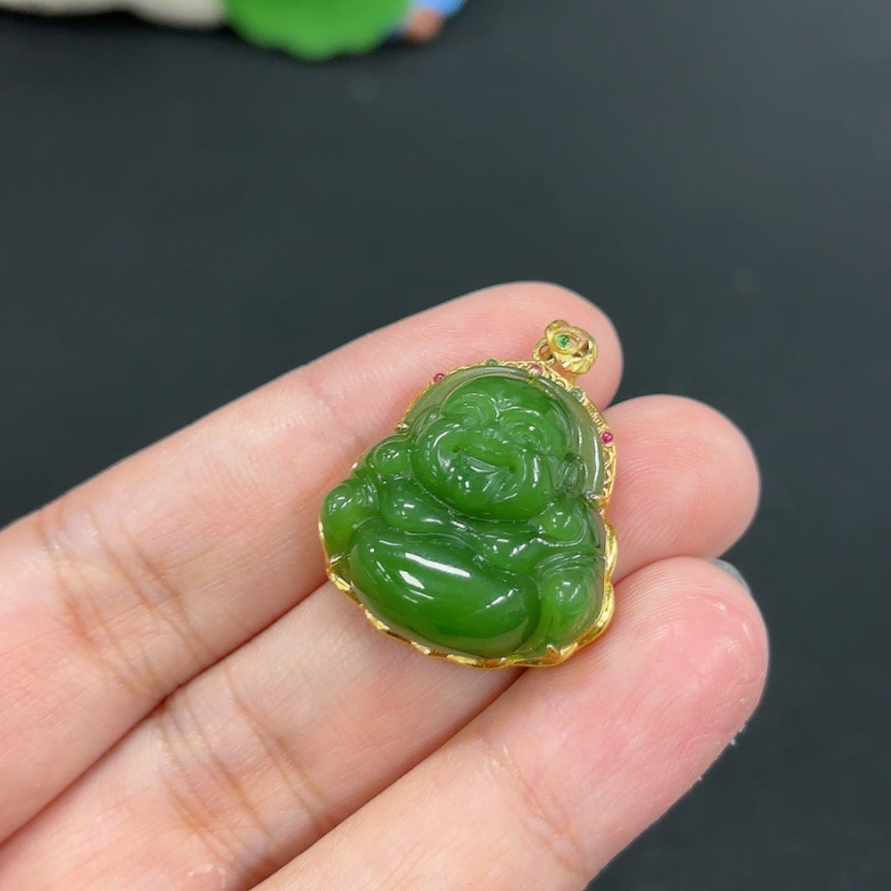Hetian Jade Inlaid Pendant Buddha Total Weight Approx.6g 18k