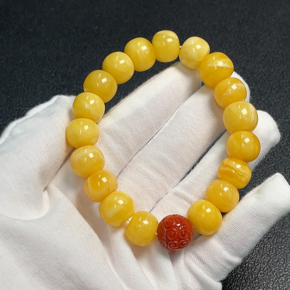 Amber Beeswax Bracelet with Southern Red Agate, ., Size About 12.7mm | Huiliu Certified