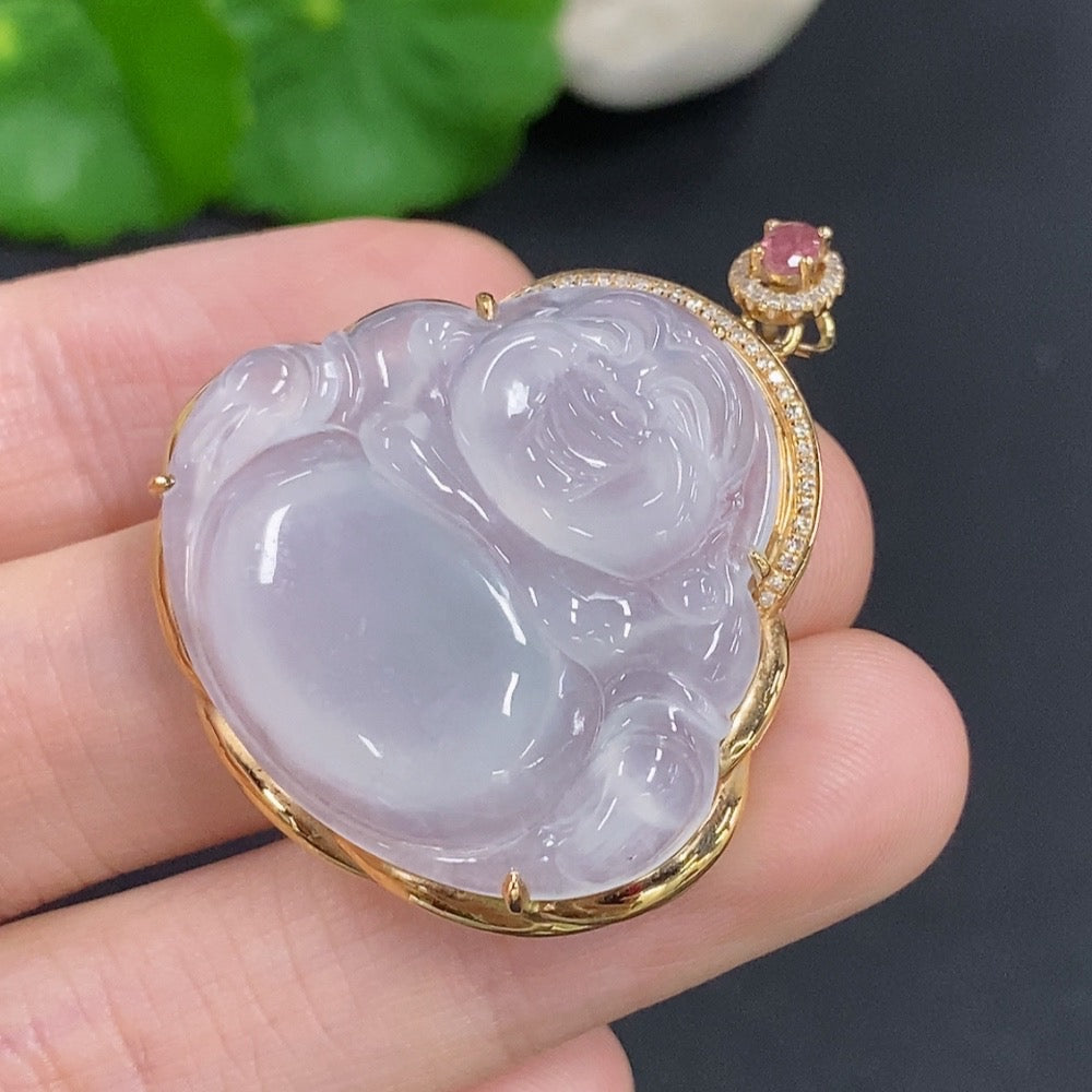 Jadeite Buddha Pendant (with Tourmaline) 18K Gold Total Weight Approx. 10.5g Diamond Accents
