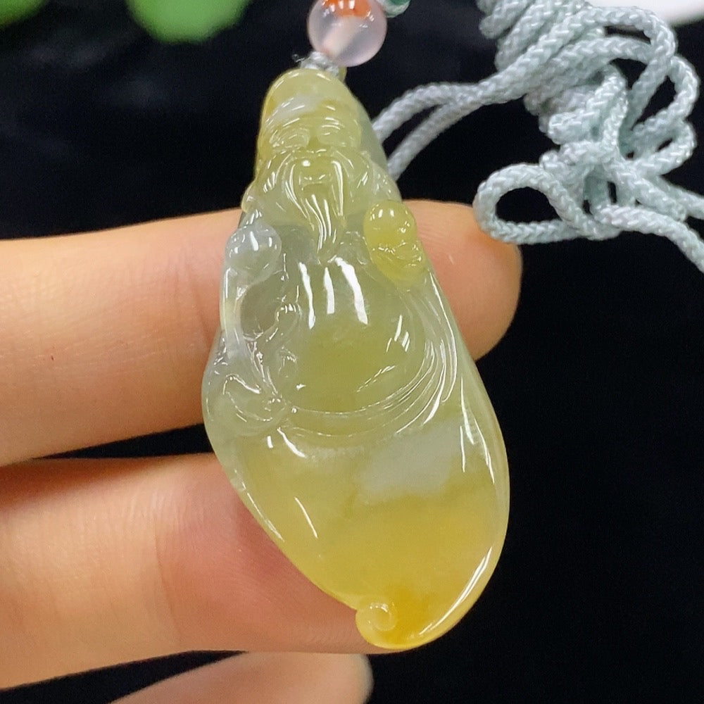 Jadeite God of Wealth Pendant . (Including Rope Weight) Yellow Part Color Origin Undetermined | Huiliu Certified