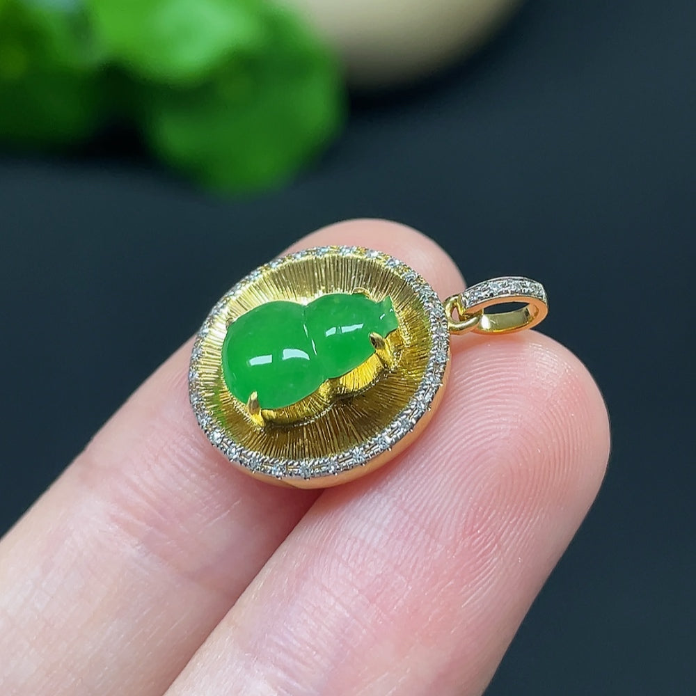 Jadeite Gourd Inlaid Pendant 18k with Diamond Accents