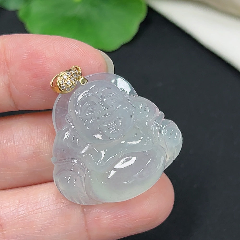 Jadeite Buddha pendant with gold and diamond accents, crafted from green jade, weighs approximately 11.7g, by HKHQ.