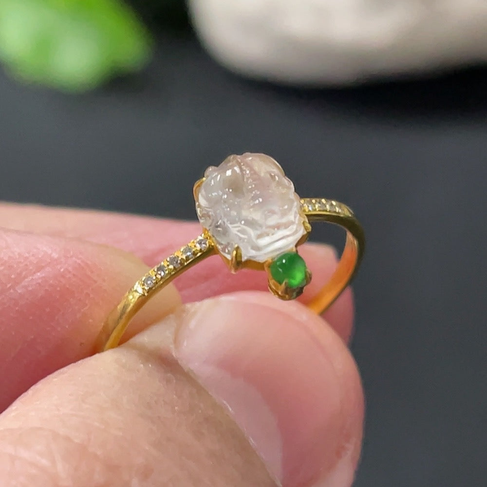 HUILIU HQ jadeite cabochon solitaire ring with 18K gold setting, size 13, accented with diamonds, elegant jewelry piece.