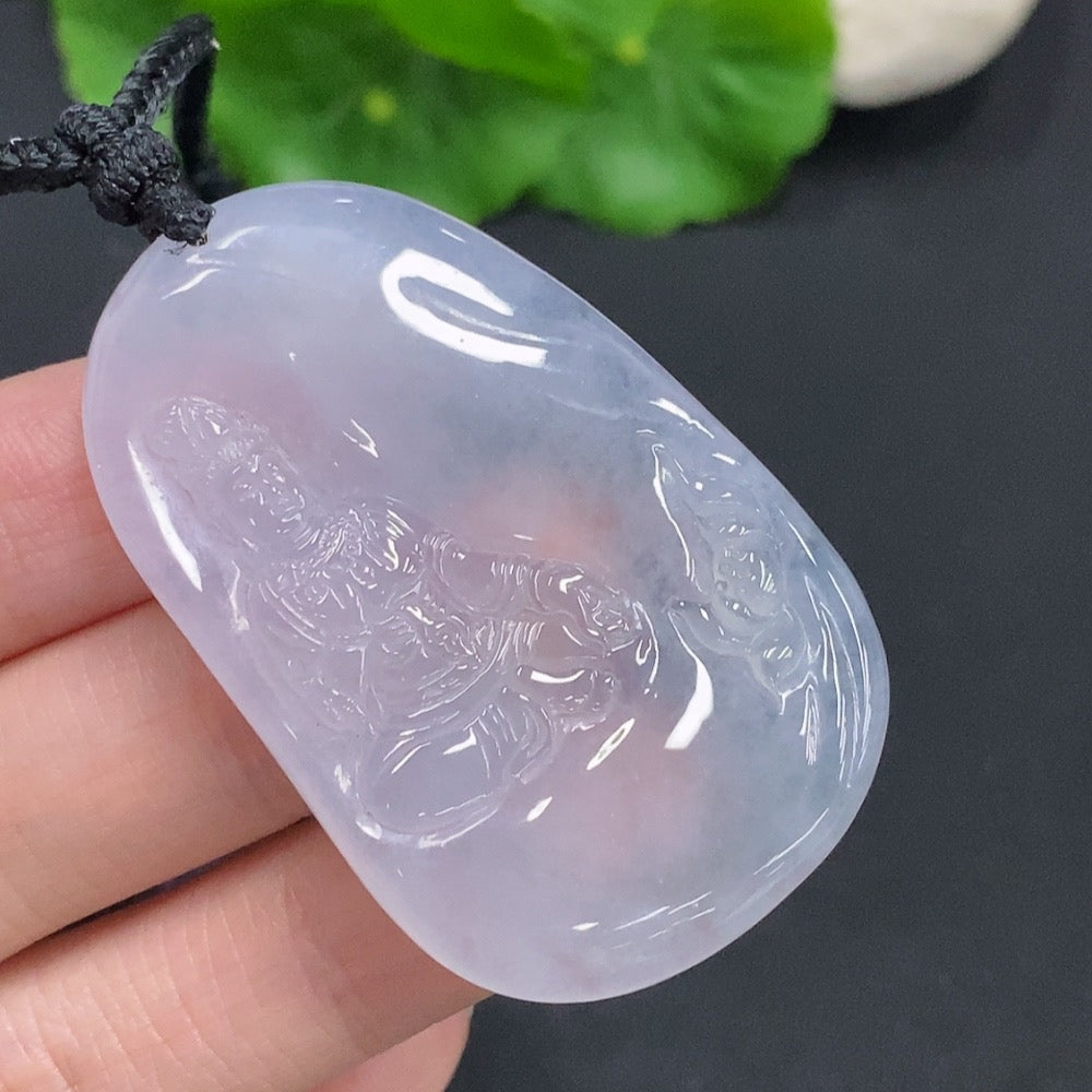 Jadeite Guanyin pendant with intricate carvings, weighing approximately 25.3g, featuring a jade HUILIU HQ brand design.