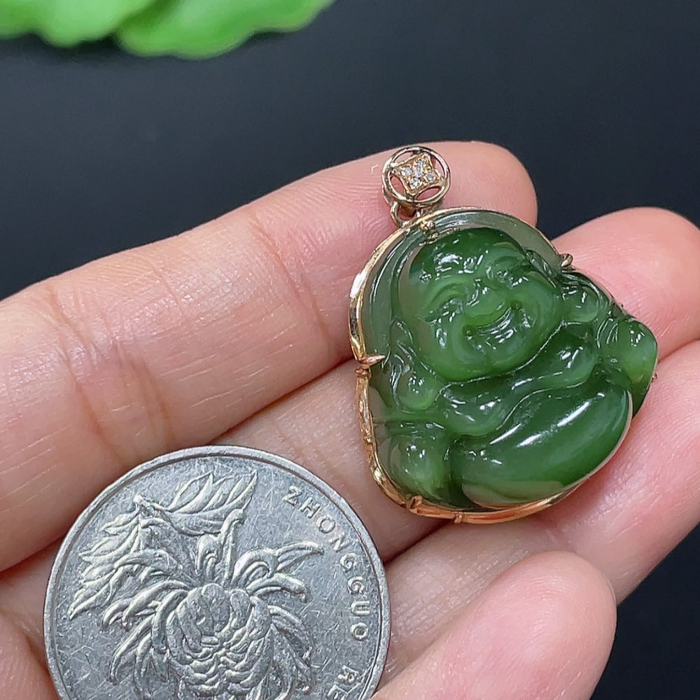 Hetian Jade Jasper Inlaid Buddha Pendant with 18K Gold Clasp, Main Body 70% Gold Content, Accented with Diamonds