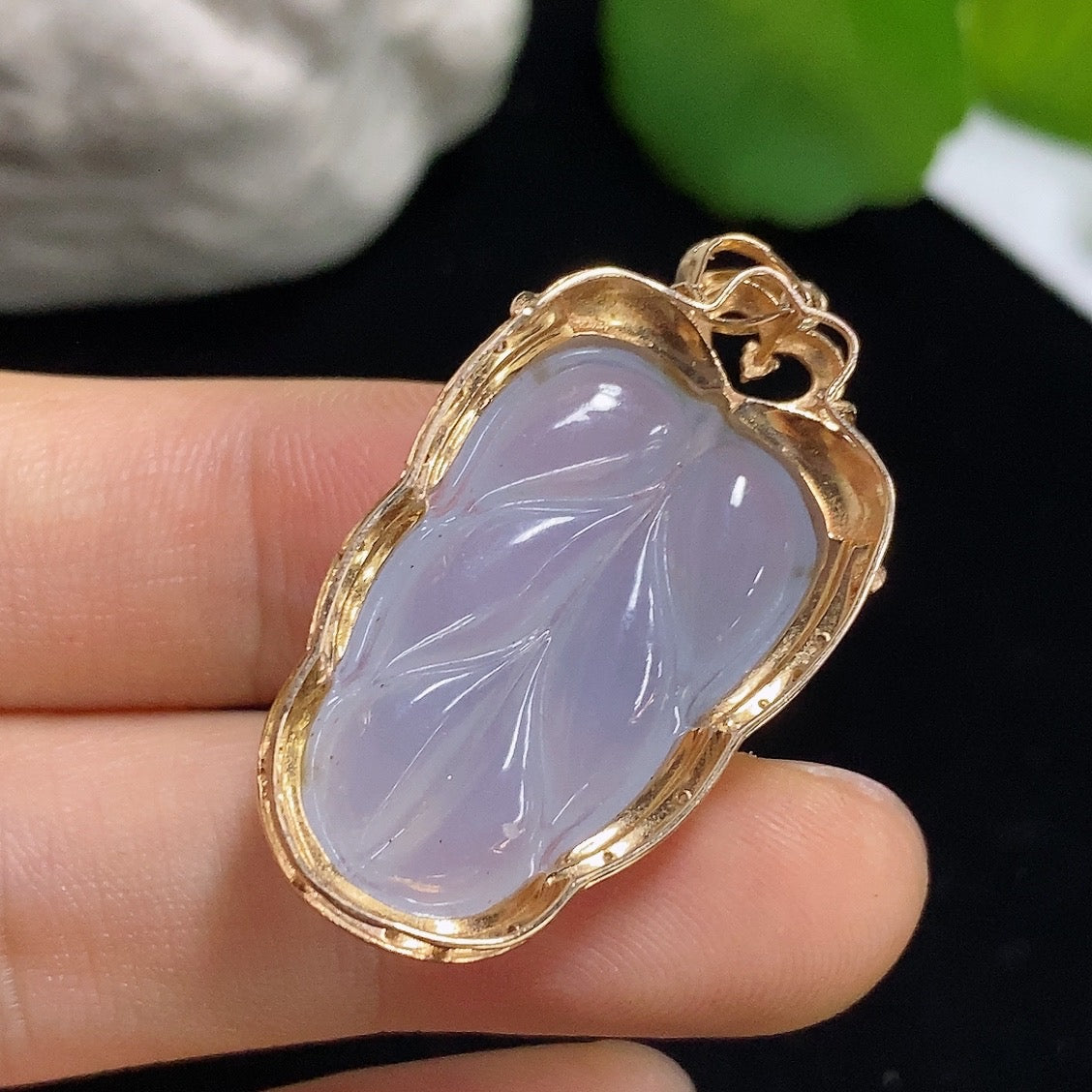 Jadeite Leaf Inlaid Pendant with 18k Gold and Diamond Accents